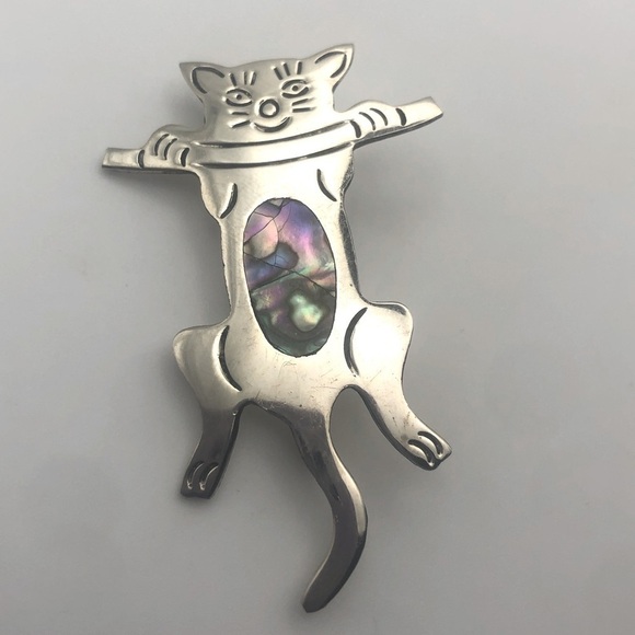 VTG Alpaca Silver & Abalone Kitty Cat Feline Brooch Mexico - 2.2” - Picture 1 of 4